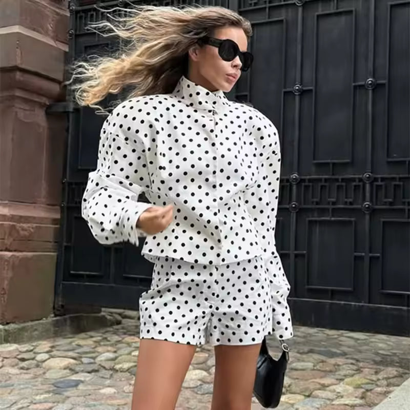 Trendix Polka Dot พิมพ์กางเกง 2 ชิ้นชุดผู้หญิงแขนยาว Patchwork Contrast เสื้อแจ็คเก็ตและสบายๆเดินกางเกงขาสั้นชุด