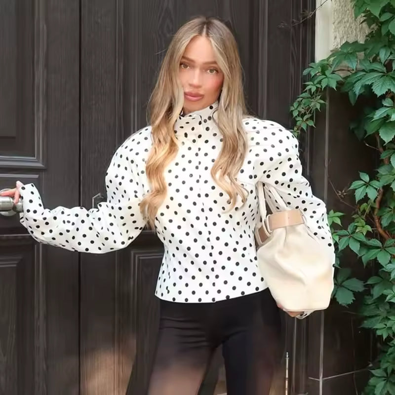 Trendix Polka Dot พิมพ์กางเกง 2 ชิ้นชุดผู้หญิงแขนยาว Patchwork Contrast เสื้อแจ็คเก็ตและสบายๆเดินกางเกงขาสั้นชุด