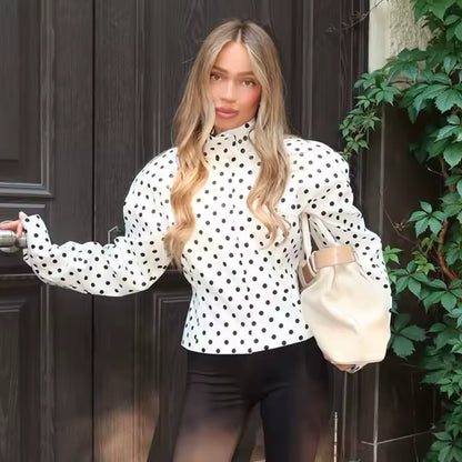 Trendix Polka Dot พิมพ์กางเกง 2 ชิ้นชุดผู้หญิงแขนยาว Patchwork Contrast เสื้อแจ็คเก็ตและสบายๆเดินกางเกงขาสั้นชุด