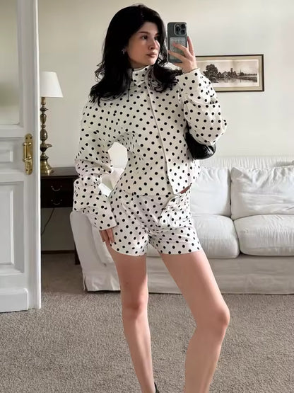 Trendix Polka Dot พิมพ์กางเกง 2 ชิ้นชุดผู้หญิงแขนยาว Patchwork Contrast เสื้อแจ็คเก็ตและสบายๆเดินกางเกงขาสั้นชุด