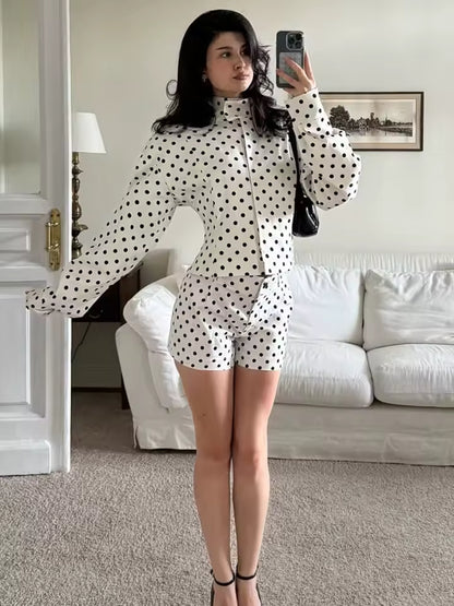 Trendix Polka Dot พิมพ์กางเกง 2 ชิ้นชุดผู้หญิงแขนยาว Patchwork Contrast เสื้อแจ็คเก็ตและสบายๆเดินกางเกงขาสั้นชุด