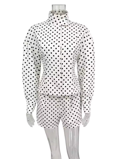 Trendix Polka Dot พิมพ์กางเกง 2 ชิ้นชุดผู้หญิงแขนยาว Patchwork Contrast เสื้อแจ็คเก็ตและสบายๆเดินกางเกงขาสั้นชุด