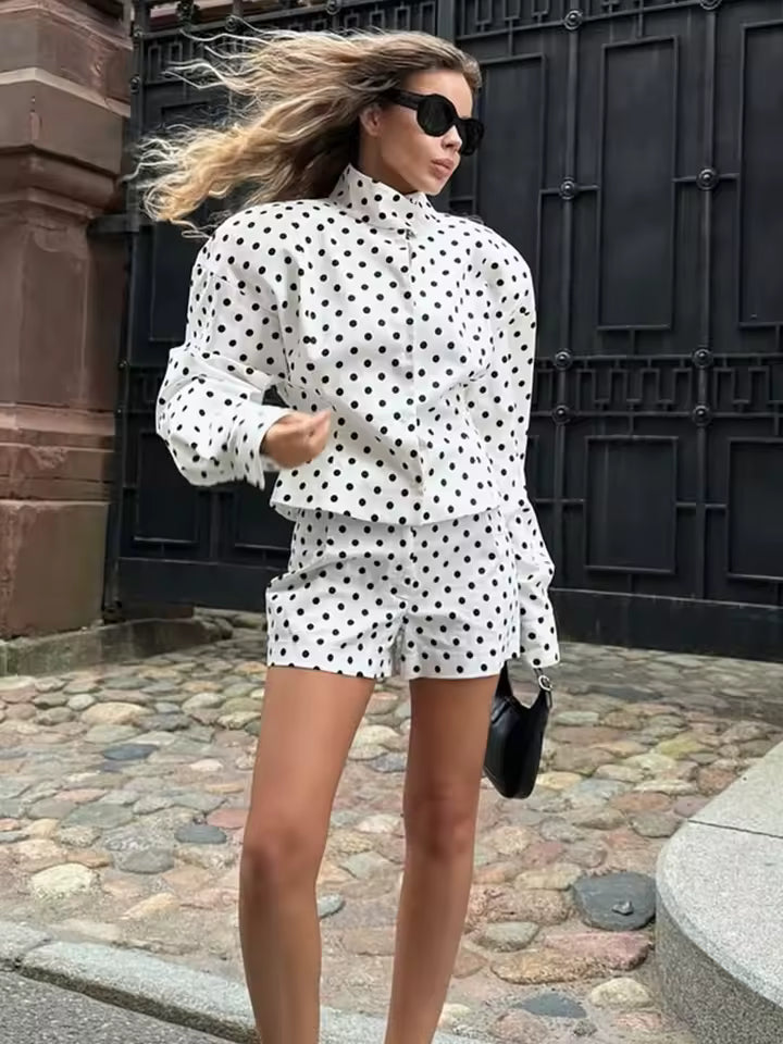 Trendix Polka Dot พิมพ์กางเกง 2 ชิ้นชุดผู้หญิงแขนยาว Patchwork Contrast เสื้อแจ็คเก็ตและสบายๆเดินกางเกงขาสั้นชุด