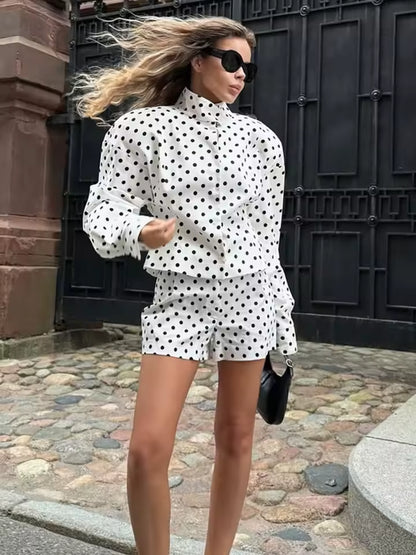 Trendix Polka Dot พิมพ์กางเกง 2 ชิ้นชุดผู้หญิงแขนยาว Patchwork Contrast เสื้อแจ็คเก็ตและสบายๆเดินกางเกงขาสั้นชุด