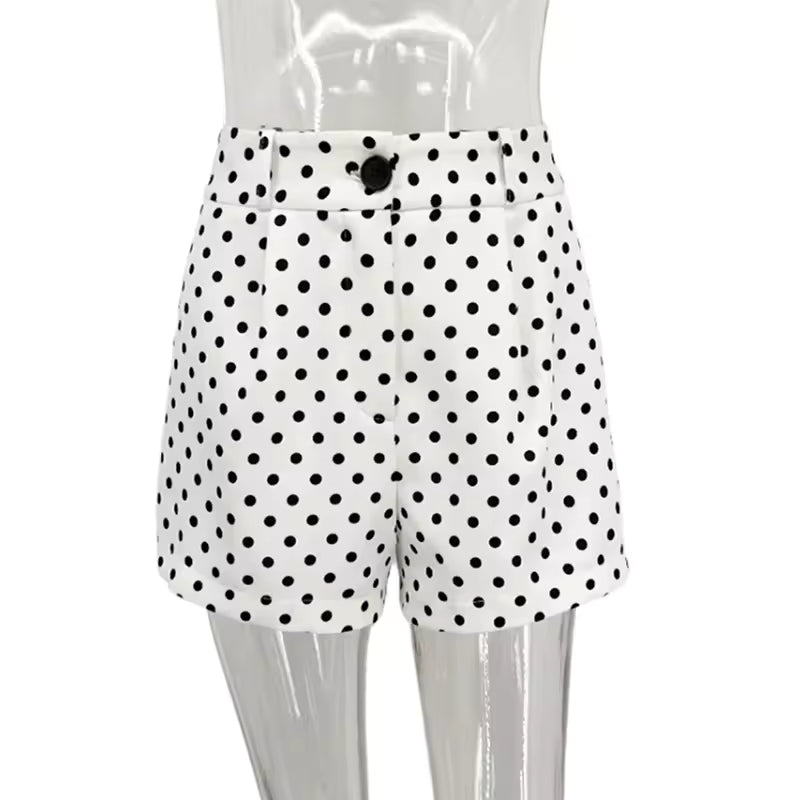 ชุดสูทลําลองแฟชั่นลายจุดสําหรับผู้หญิง ฤดูใบไม้ผลิ 2025 เสื้อแขนยาวคอเต่ามีซิปพร้อมกระเป๋า เสื้อคลุมกันเกงขาสั้น