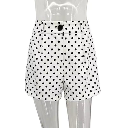 ชุดสูทลําลองแฟชั่นลายจุดสําหรับผู้หญิง ฤดูใบไม้ผลิ 2025 เสื้อแขนยาวคอเต่ามีซิปพร้อมกระเป๋า เสื้อคลุมกันเกงขาสั้น