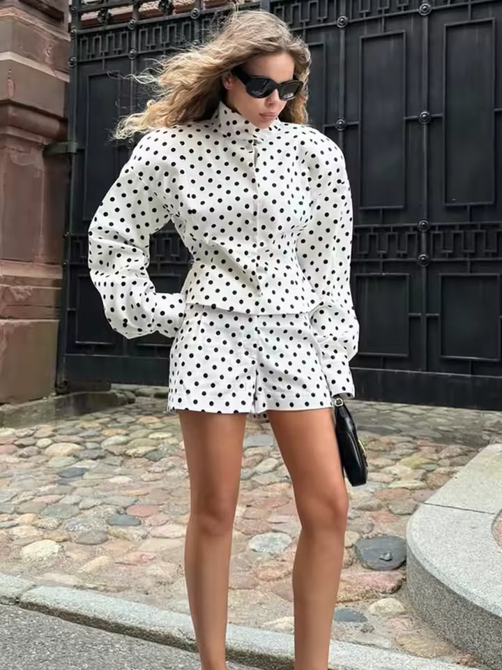 Trendix Polka Dot พิมพ์กางเกง 2 ชิ้นชุดผู้หญิงแขนยาว Patchwork Contrast เสื้อแจ็คเก็ตและสบายๆเดินกางเกงขาสั้นชุด